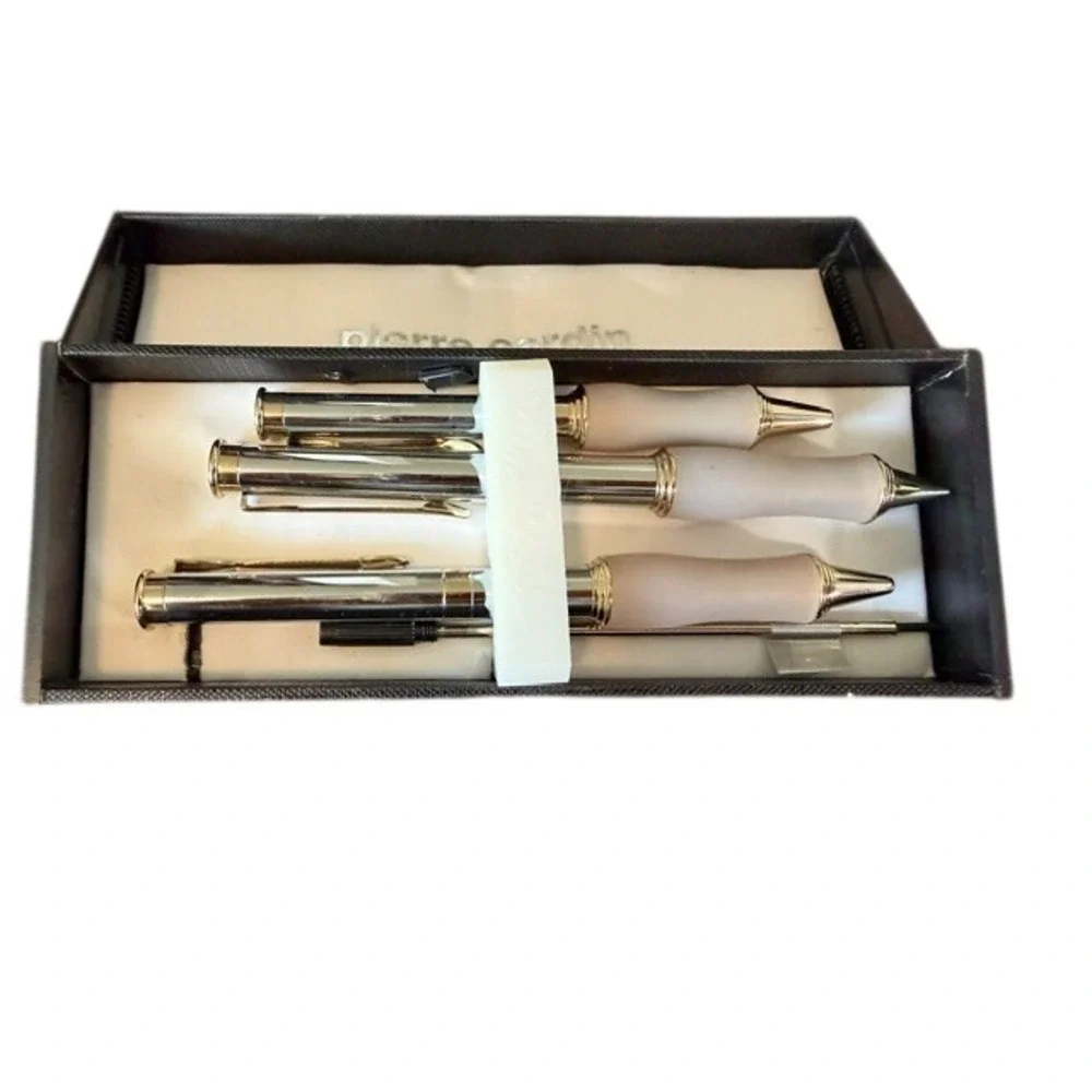 Pierre Cardin Vintage 3‎ Pc Silver Tan Gold Pens Pencil Stylus Set NIB